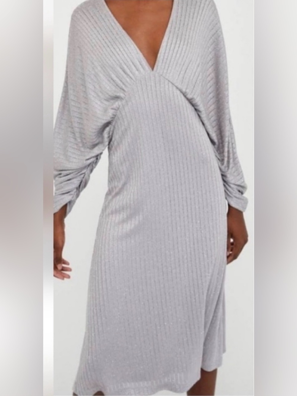 Zara Gray/ Silver Ribbed V-Neck Long Sleeve Midi Dress